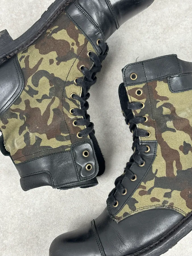 Diesel Black Leather Camouflage Military Lace-Up Boots - Image 9