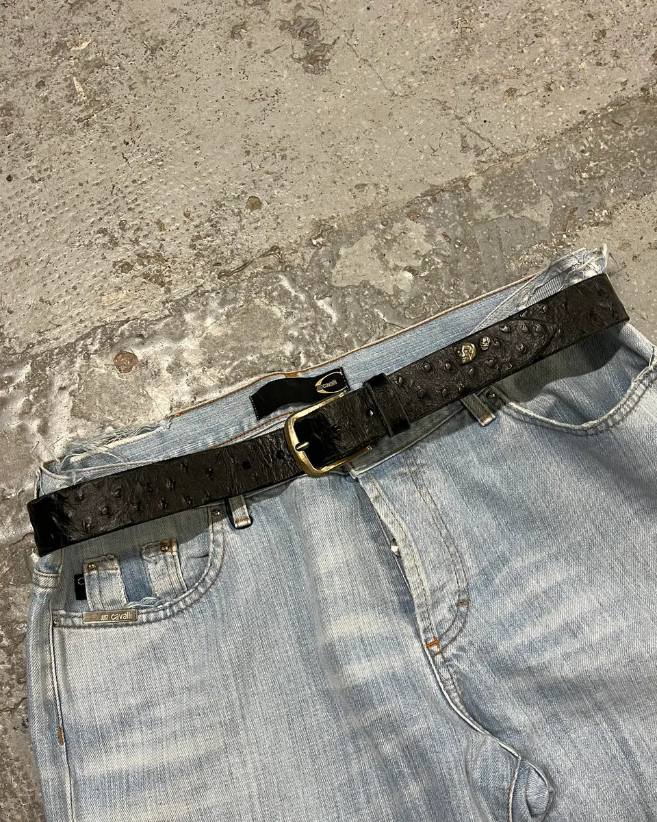 Diesel Black Ostrich Effect Studded Leather Belt