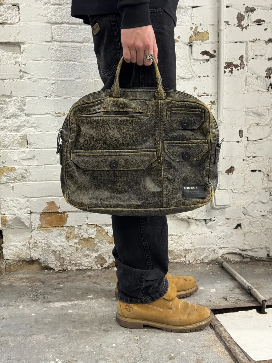 Diesel Brown Distressed Leather Computer Handle Bag