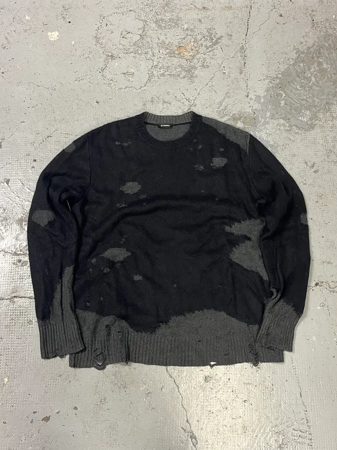 Diesel Destroyed Grey & Black Distressed Knit Sweater