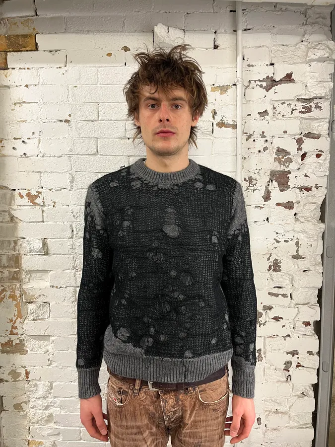 Diesel Grey & Black Spyder Web Wool Blend Distressed Sweater - Image 2