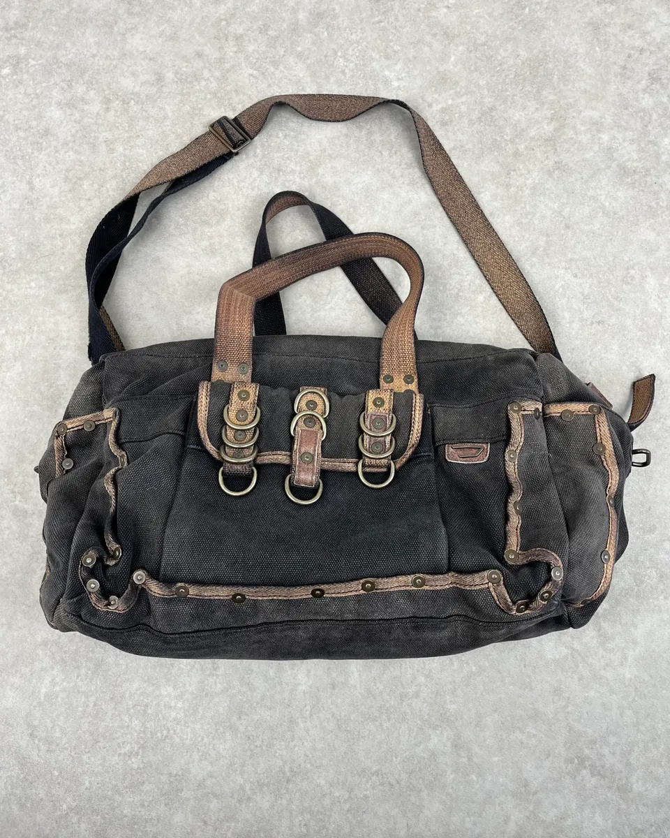 Diesel Grey & Brown Studded Cotton Army Shoulder Bag