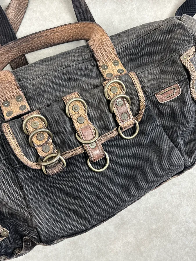 Diesel Grey & Brown Studded Cotton Army Shoulder Bag - Image 13