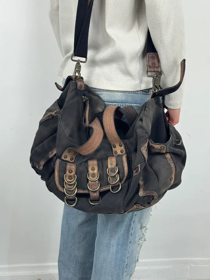 Diesel Grey & Brown Studded Cotton Army Shoulder Bag - Image 2