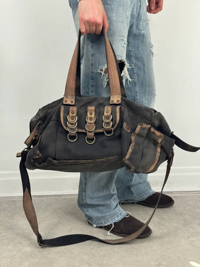 Diesel Grey & Brown Studded Cotton Army Shoulder Bag - Image 3