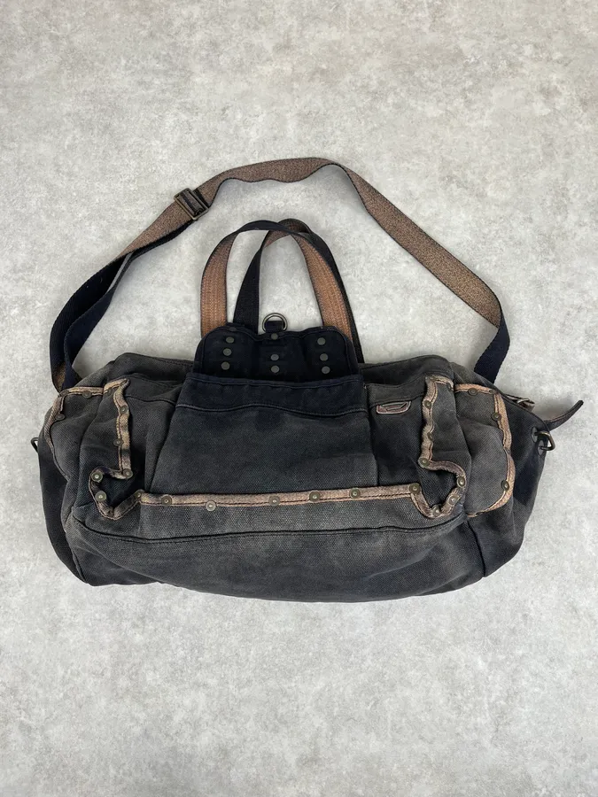 Diesel Grey & Brown Studded Cotton Army Shoulder Bag - Image 4