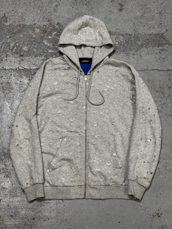 Diesel Grey Multiple Holes Zip-Up Hoodie