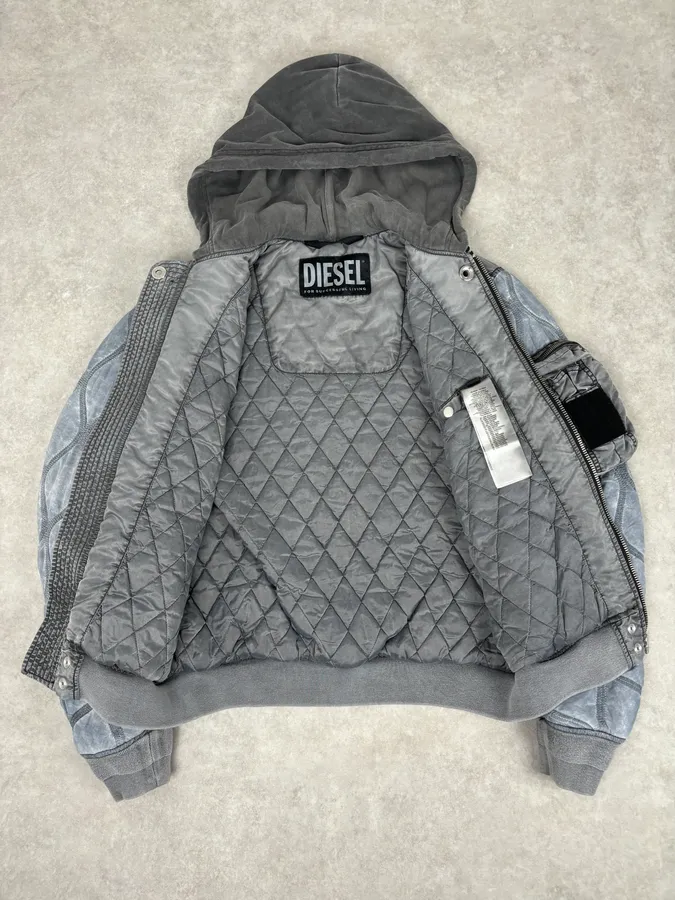 Diesel Hooded Grey Quilted Sleeves Bomber Jacket - Image 7