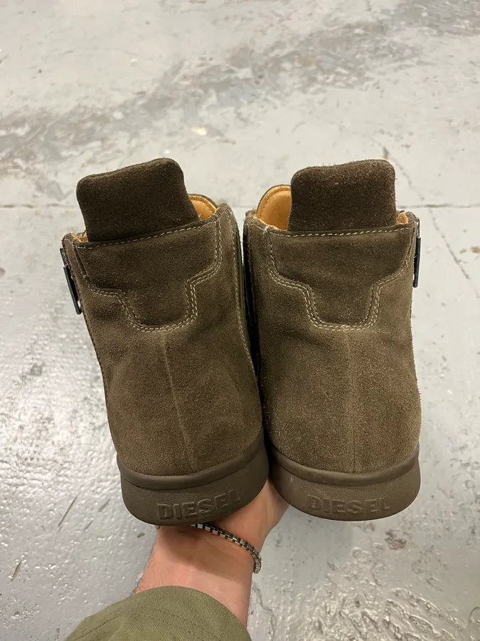 Diesel Olive Green Suede Leather High Ultra Zip Sneakers - Image 5