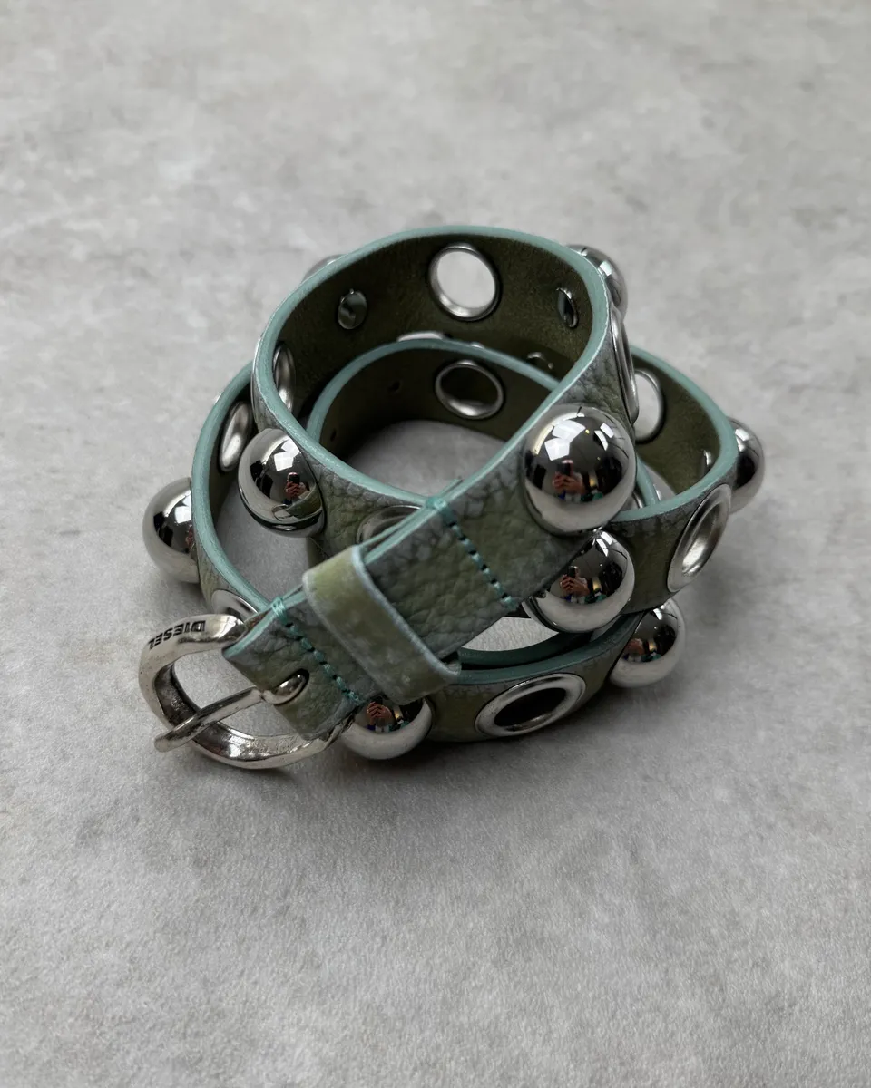Diesel Sage Green Leather Metalic Globes Studded Belt - Image 4