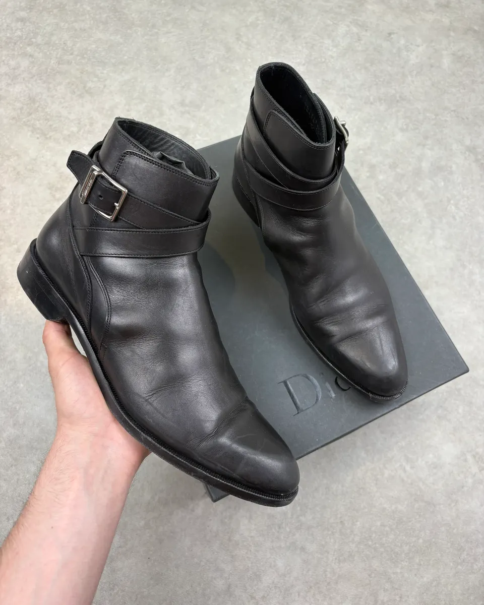 Dior Black Leather Buckle Strap Ankle Boots
