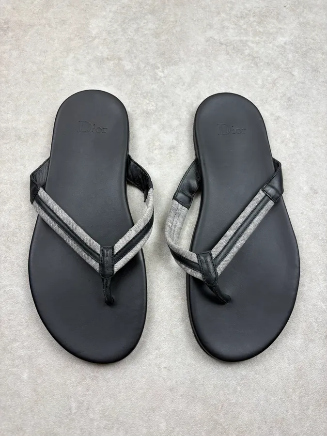 Dior Black Leather Flip Flops Sandals - Image 2