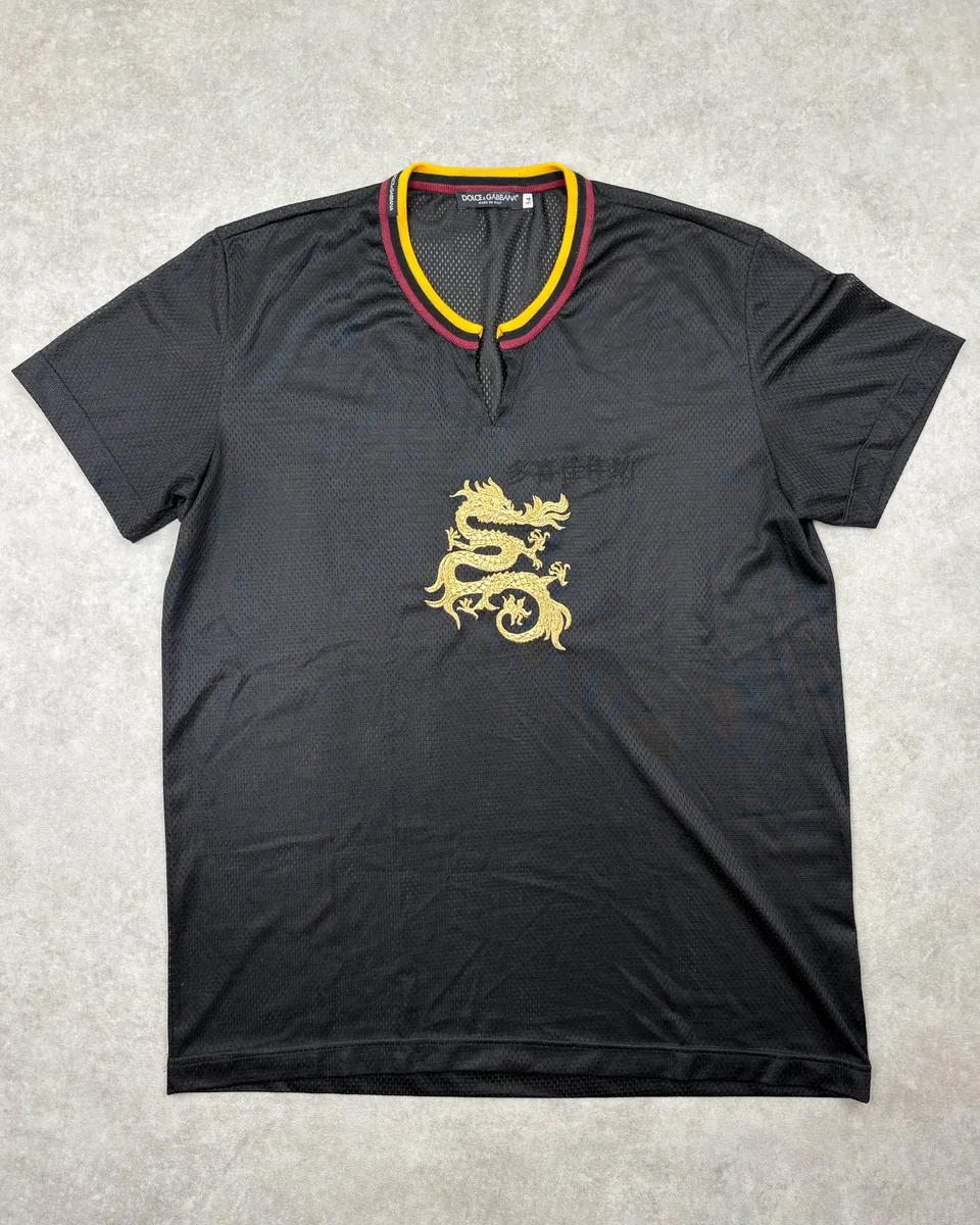 Dolce & Gabbana Black Mesh Dragon Embroidered T-Shirt