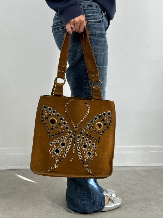 Dolce & Gabbana Brown Suede Studded Butterfly Shoulder Bag - Image 2