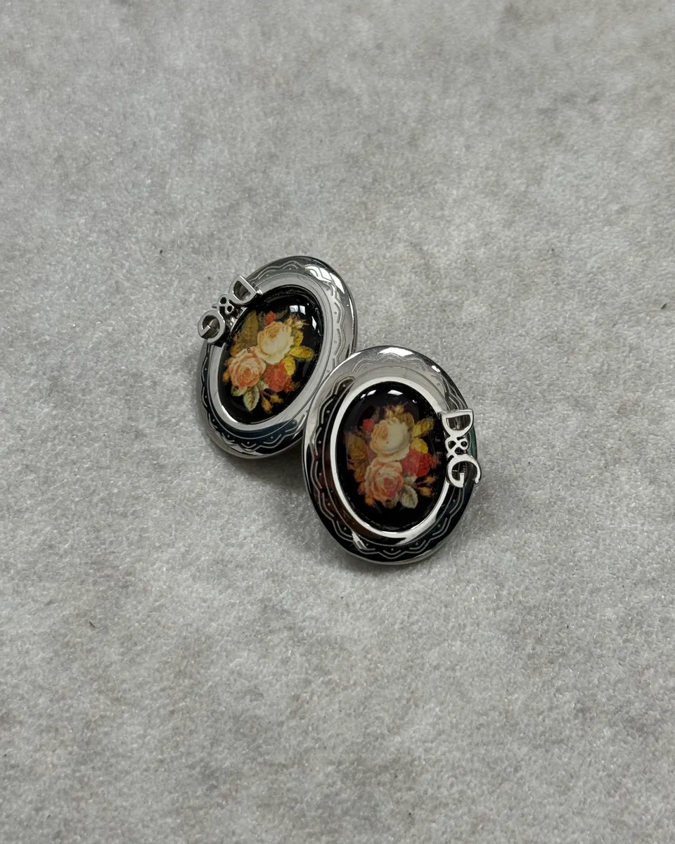 Dolce & Gabbana Rose Pattern Silver Oval Earrings