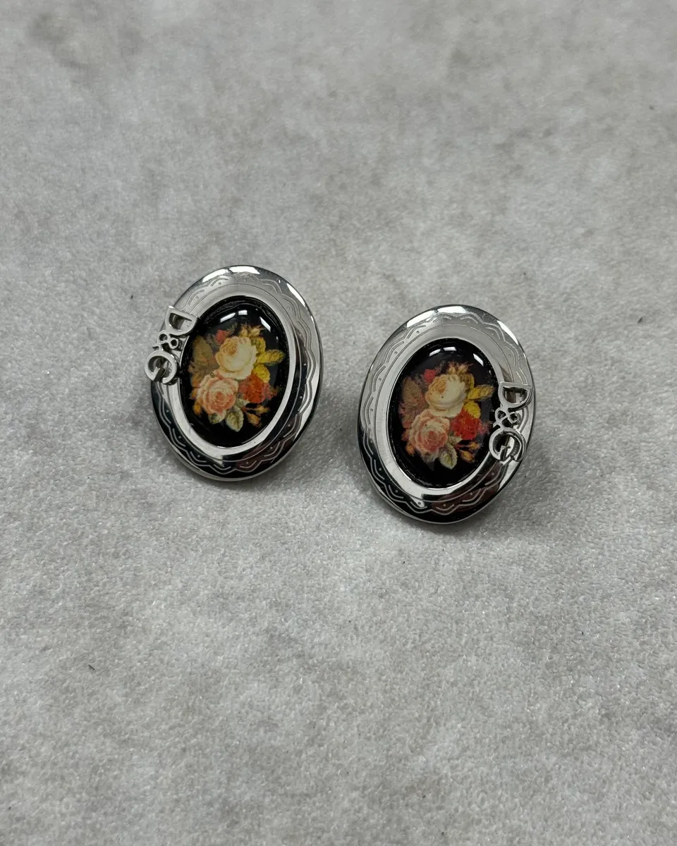 Dolce & Gabbana Rose Pattern Silver Oval Earrings - Image 2
