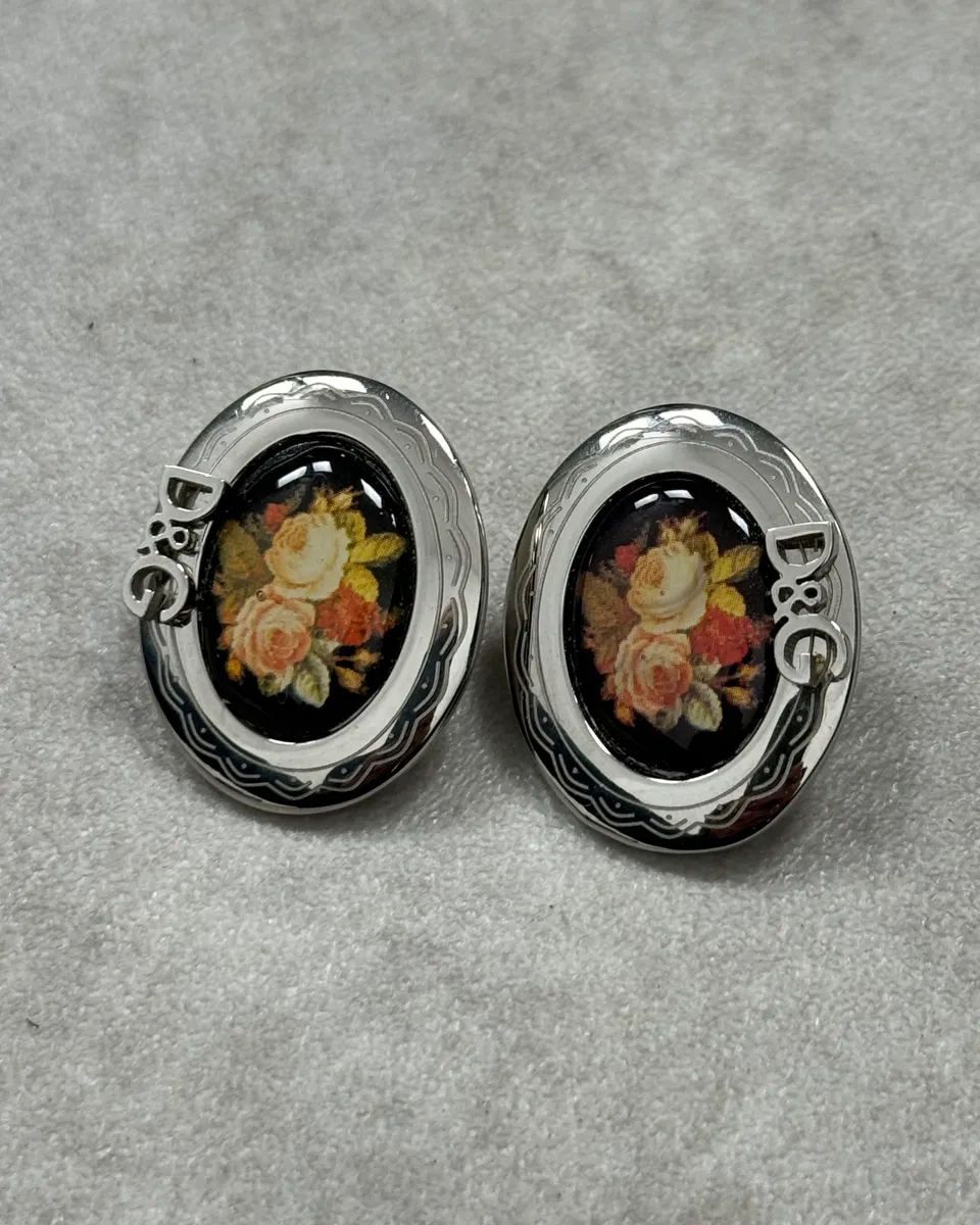 Dolce & Gabbana Rose Pattern Silver Oval Earrings - Image 3