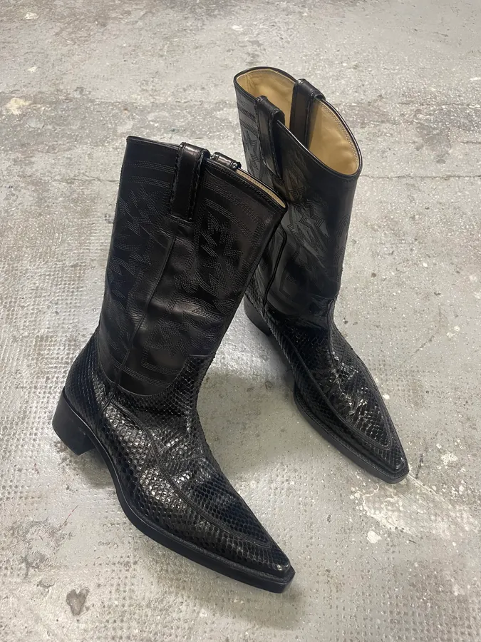 Dolce & Gabbana Santiags Black Cowboy Leather Boots with Python Effect - Image 5
