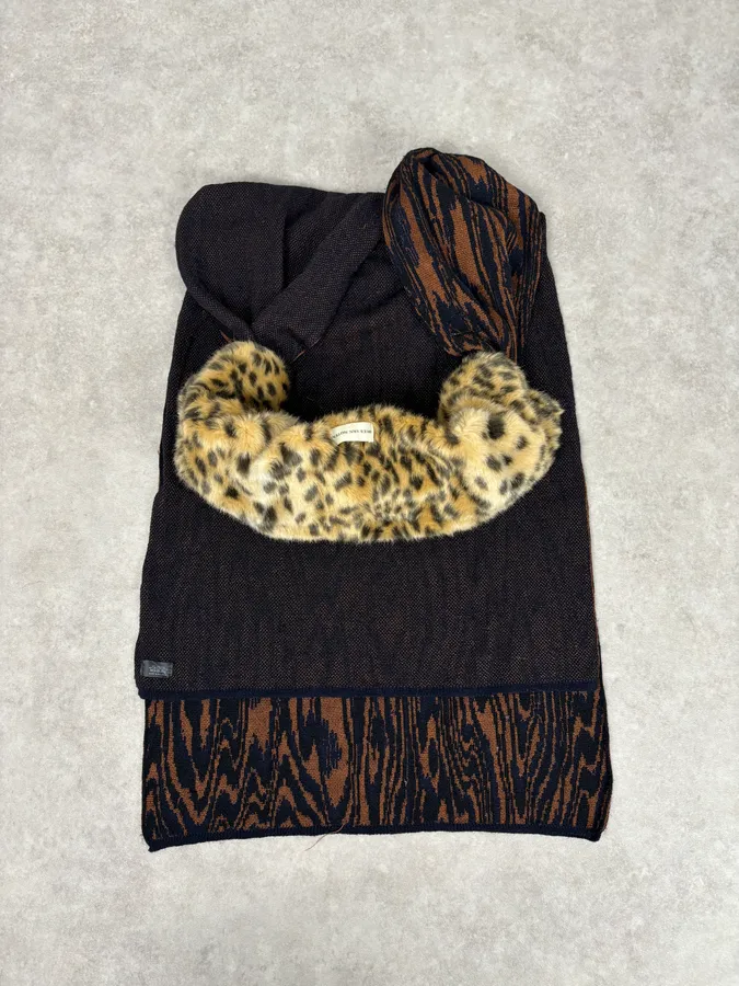 Dries Van Noten Brown Knit Scarf Faux Fur Leopard Collar - Image 4