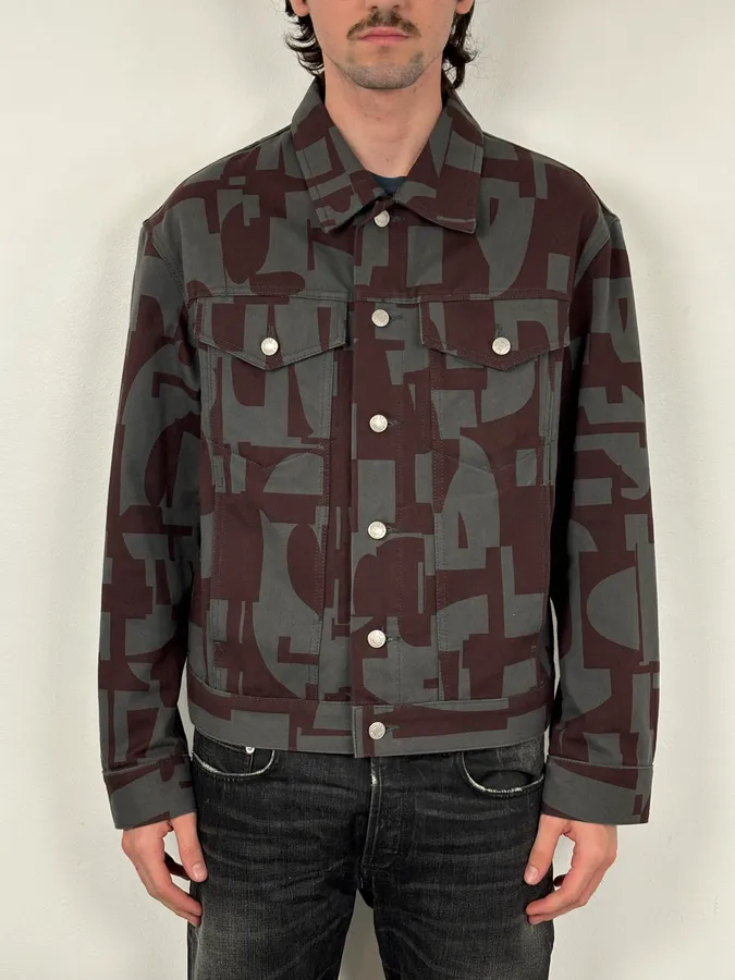 Dries Van Noten Burgundy & Grey Digital Print Denim Jacket - Image 2