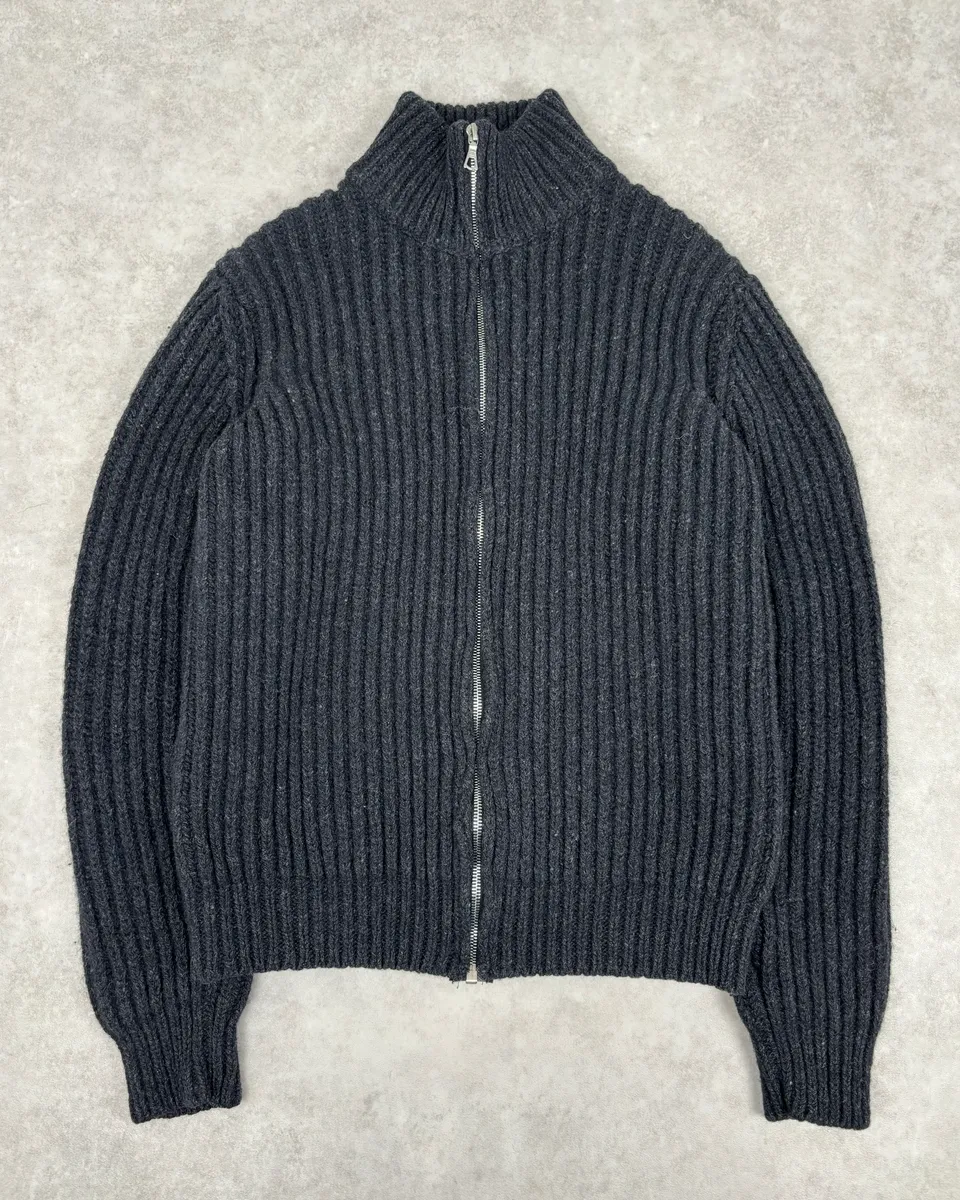 Dries Van Noten Dark Grey Wool Minimalist Zip-up Sweater