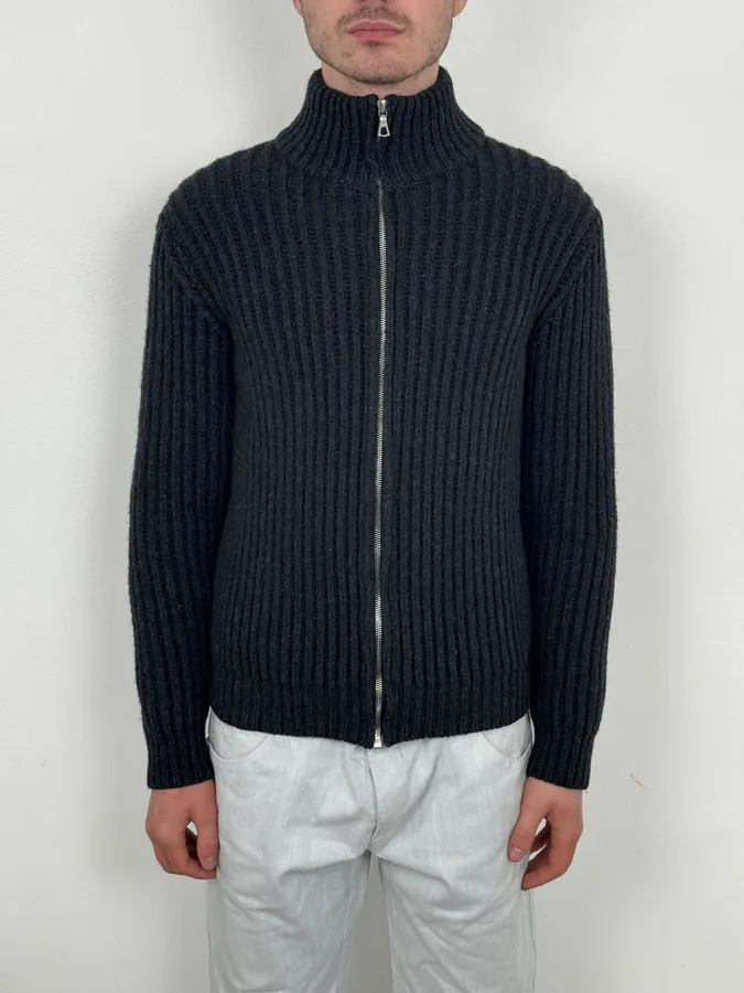 Dries Van Noten Dark Grey Wool Minimalist Zip-up Sweater - Image 2
