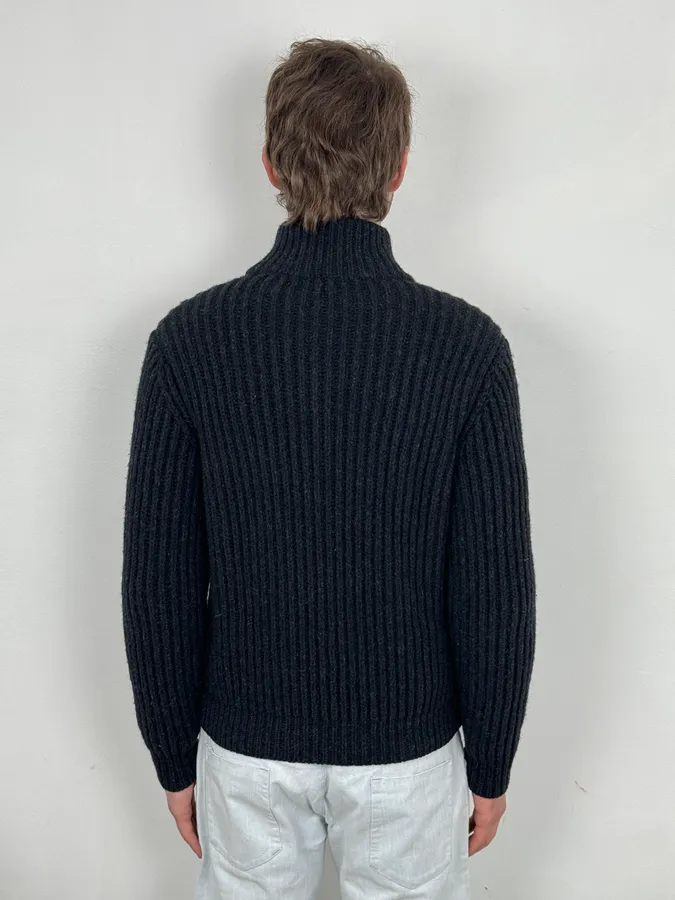 Dries Van Noten Dark Grey Wool Minimalist Zip-up Sweater - Image 3