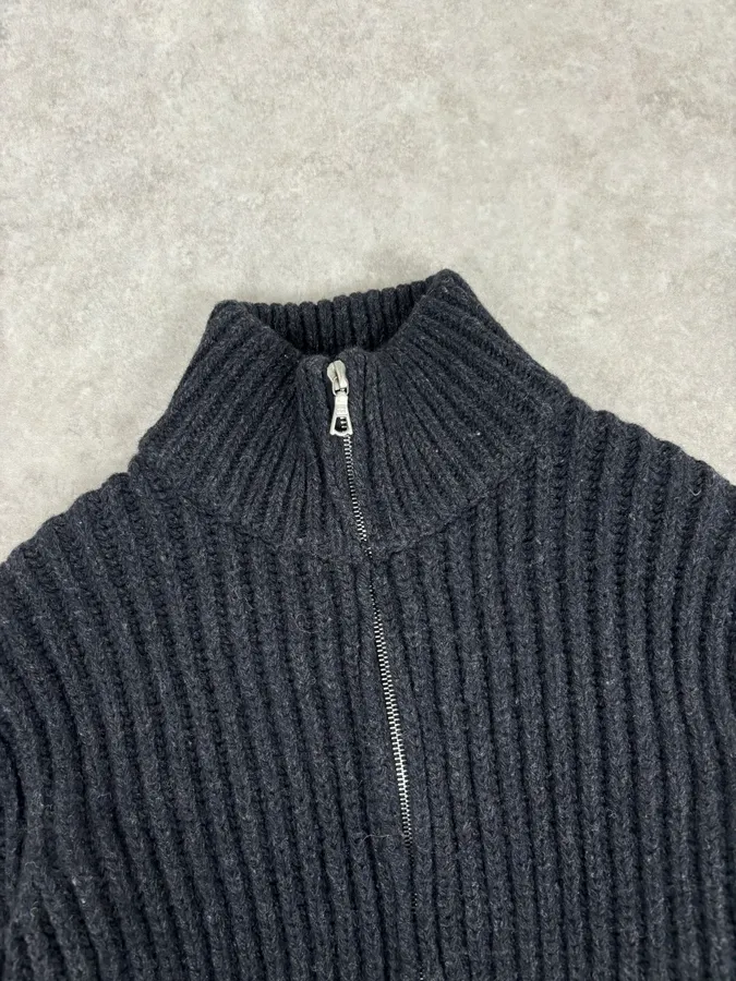 Dries Van Noten Dark Grey Wool Minimalist Zip-up Sweater - Image 4