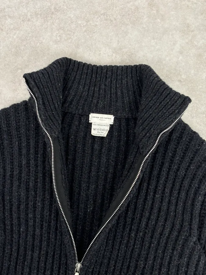 Dries Van Noten Dark Grey Wool Minimalist Zip-up Sweater - Image 9
