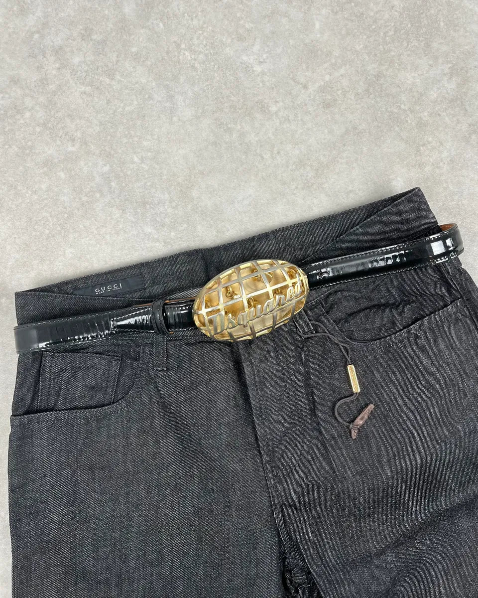 Dsquared2 Black Leather Golden Globe Belt