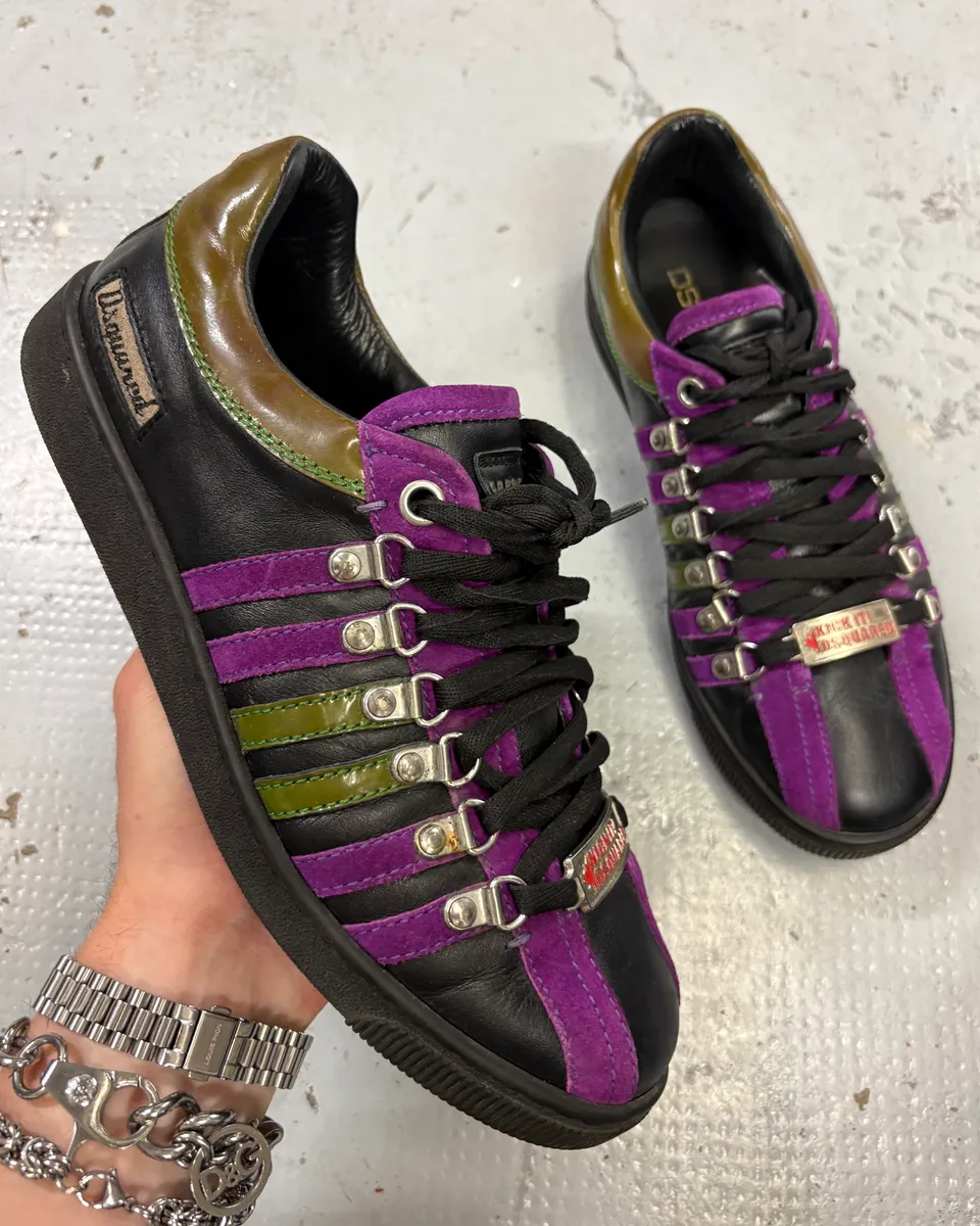 Dsquared2 Black Leather Purple Stripe Low Sneakers