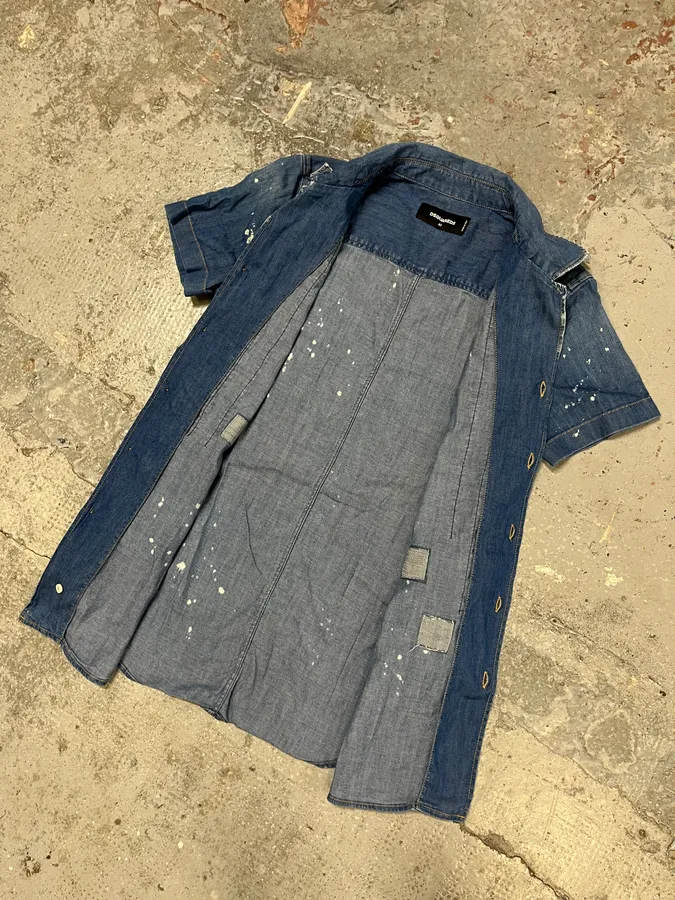 Dsquared2 Blue Pleated Stripes Distressed Denim Shirt - Image 5