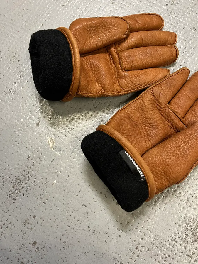 Dsquared2 Brown Fleeced Padded Biker Leather Gloves - Image 6