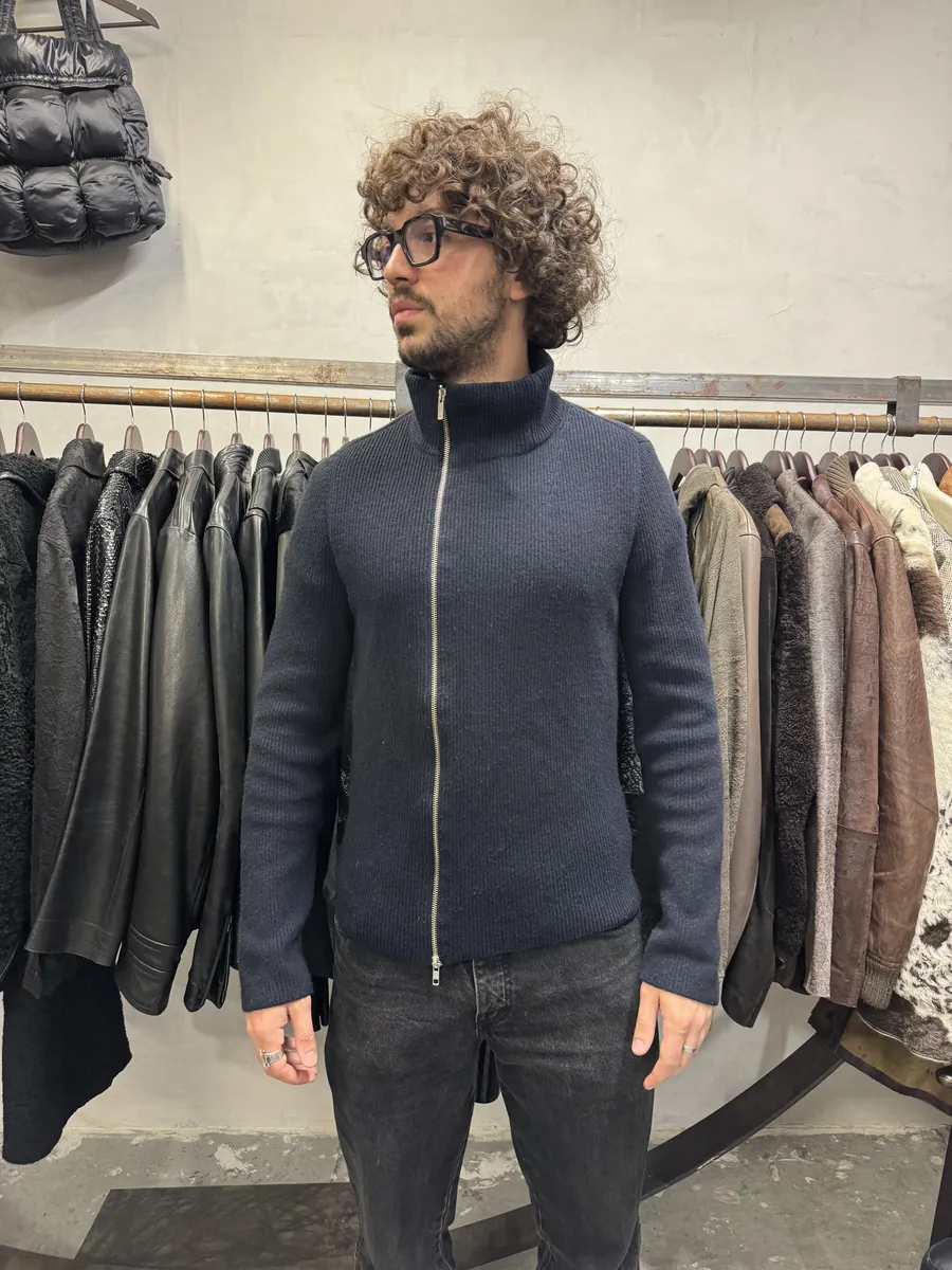 Emporio Armani Asymmetrical Zip-up Navy Sweater - Image 4