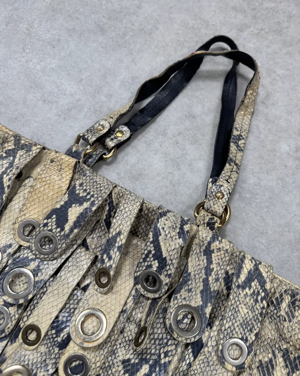 Emporio Armani Beige Python Leather Fringe Leather Handle Bag - Image 4