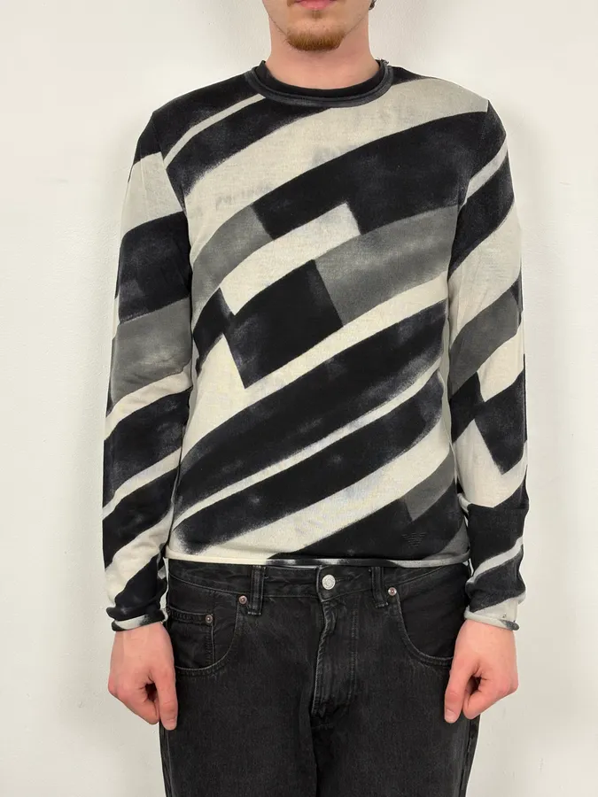 Emporio Armani Black & White Diagonal Striped Wool Sweater - Image 2