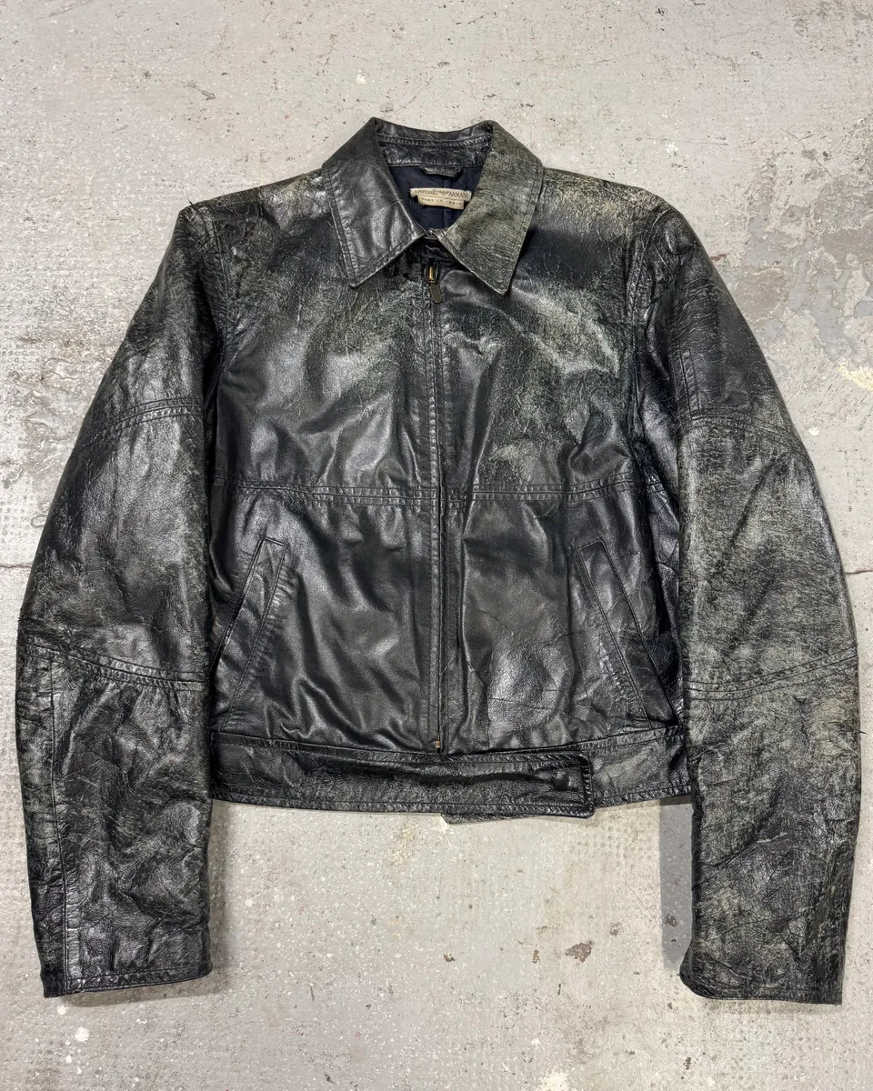 Emporio Armani Distressed Green Black Leather Jacket