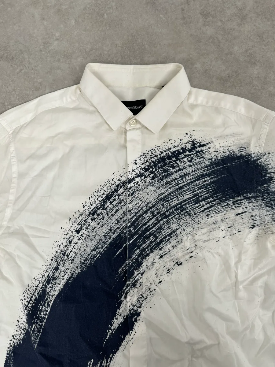 Emporio Armani White & Navy Paint Trace Abstract Shirt - Image 4