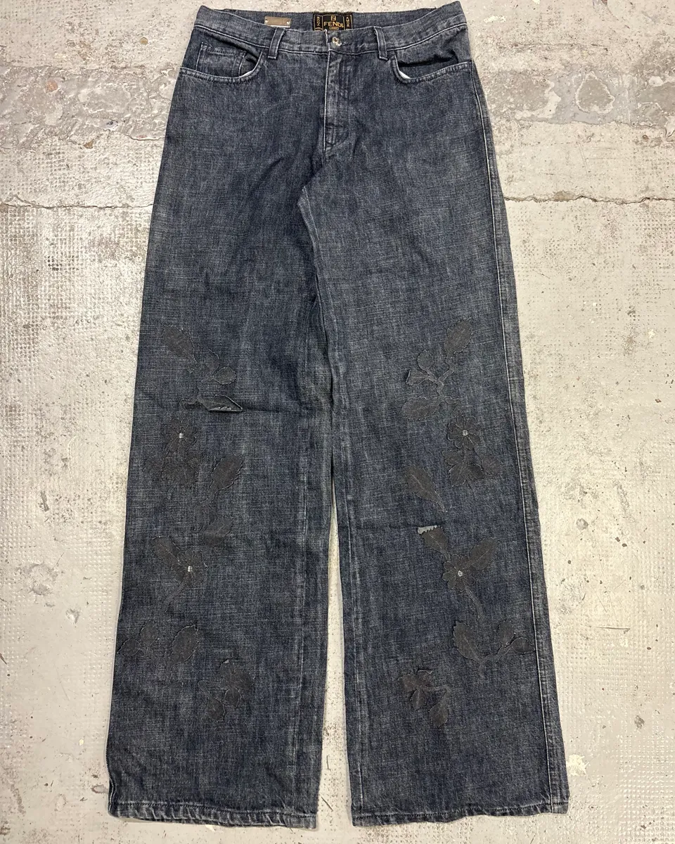Fendi Navy Denim Distressed Floral Jeans