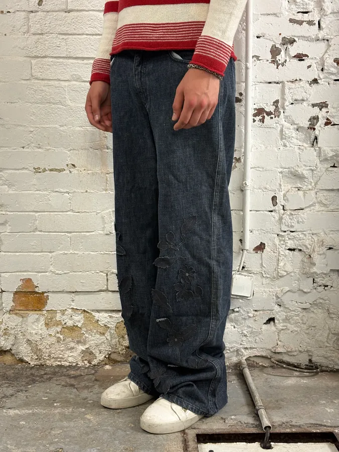 Fendi Navy Denim Distressed Floral Jeans - Image 3