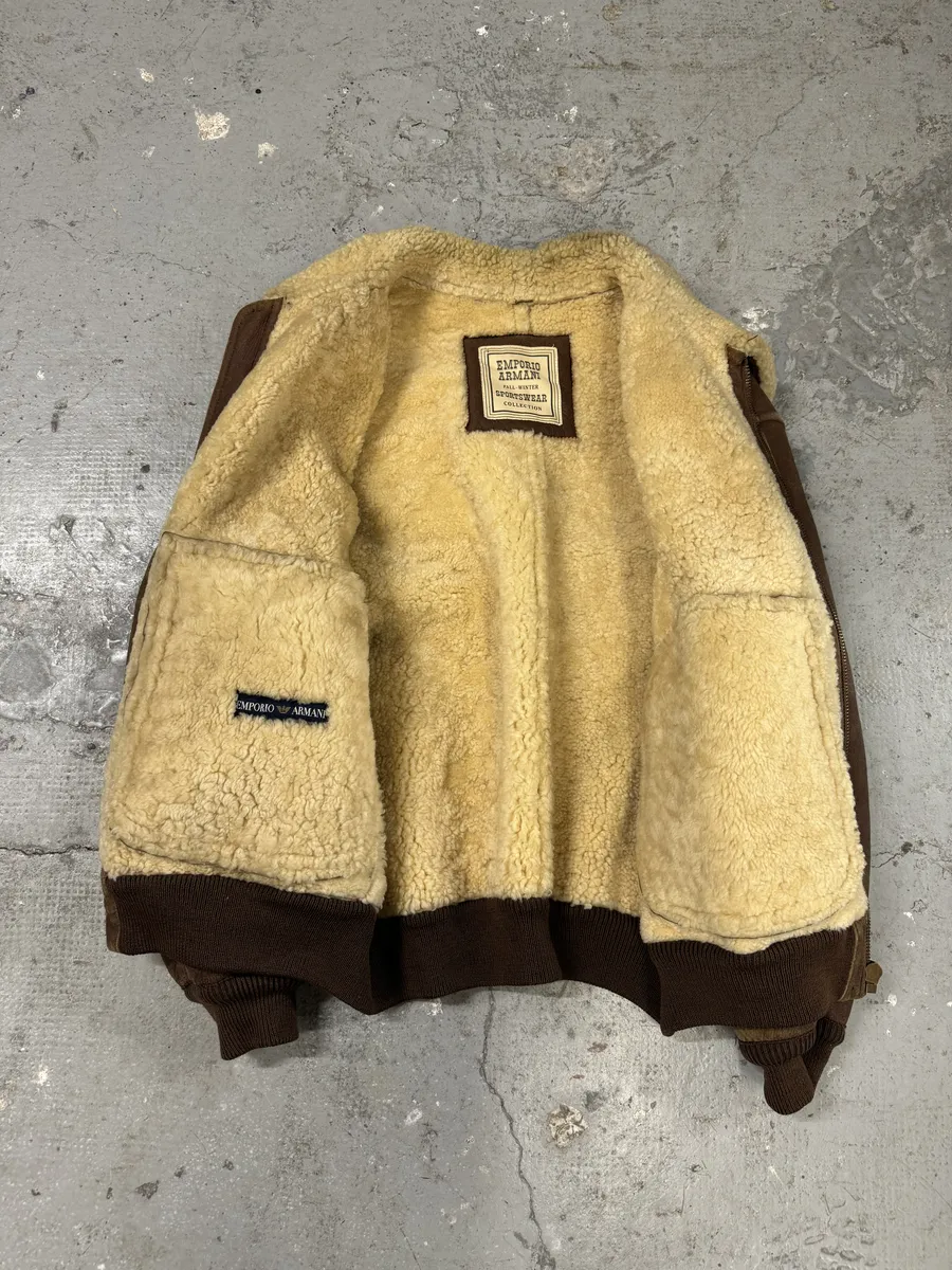 FW1987 Emporio Armani Brown Shearling Bomber Aviator Jacket - Image 3