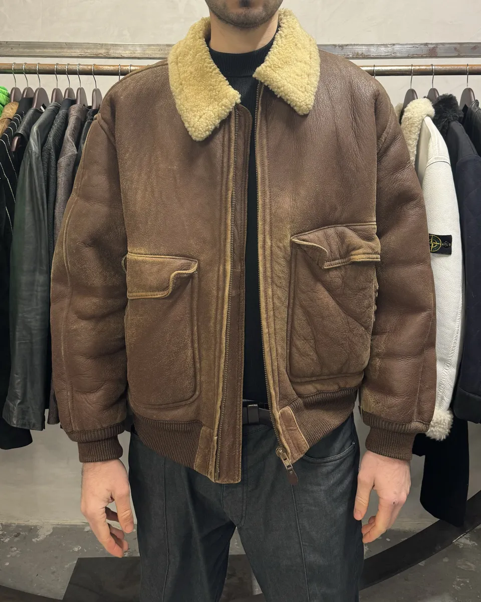 FW1987 Emporio Armani Brown Shearling Bomber Aviator Jacket - Image 4