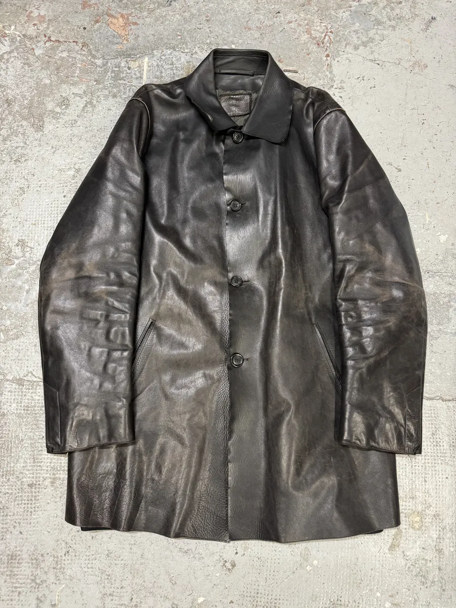 FW1996 Prada Long Black Eroded Leather Jacket