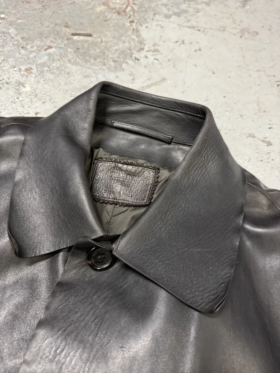 FW1996 Prada Long Black Eroded Leather Jacket - Image 13