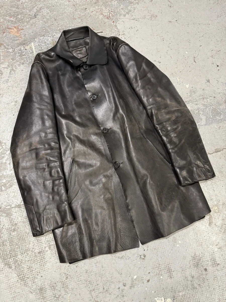 FW1996 Prada Long Black Eroded Leather Jacket - Image 14
