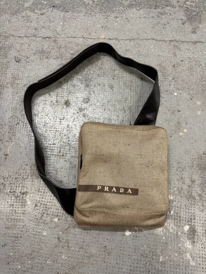 FW1999 Prada Crossbody Beige Linen & Leather Bag