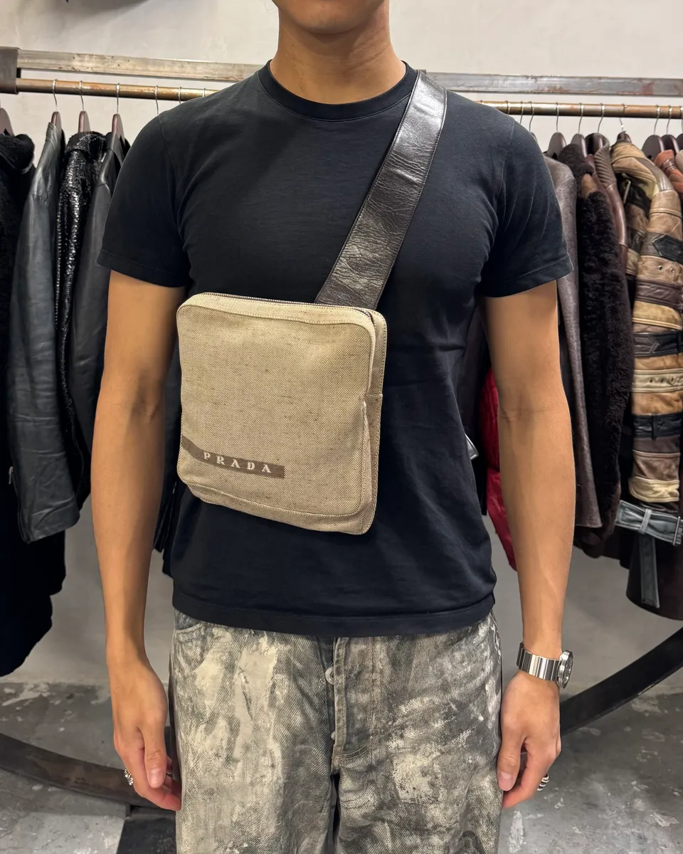 FW1999 Prada Crossbody Beige Linen & Leather Bag - Image 2