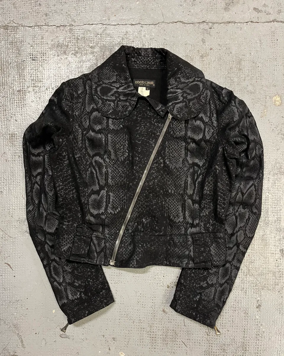 FW1999 Roberto Cavalli Black Obscure Leopard Print Biker Jacket