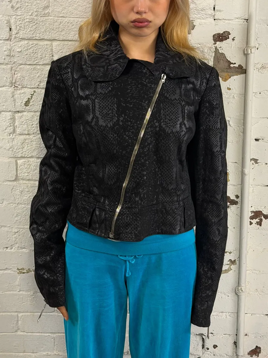 FW1999 Roberto Cavalli Black Obscure Leopard Print Biker Jacket - Image 2
