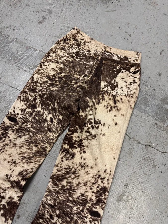 FW1999 Roberto Cavalli Cow Print Fury Movement Effect Brown & Beige Pants - Image 3